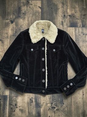 Y2K GAP Black Velvet Coat Jacket w/Shearling Faux Fur Lining Collar M Medium